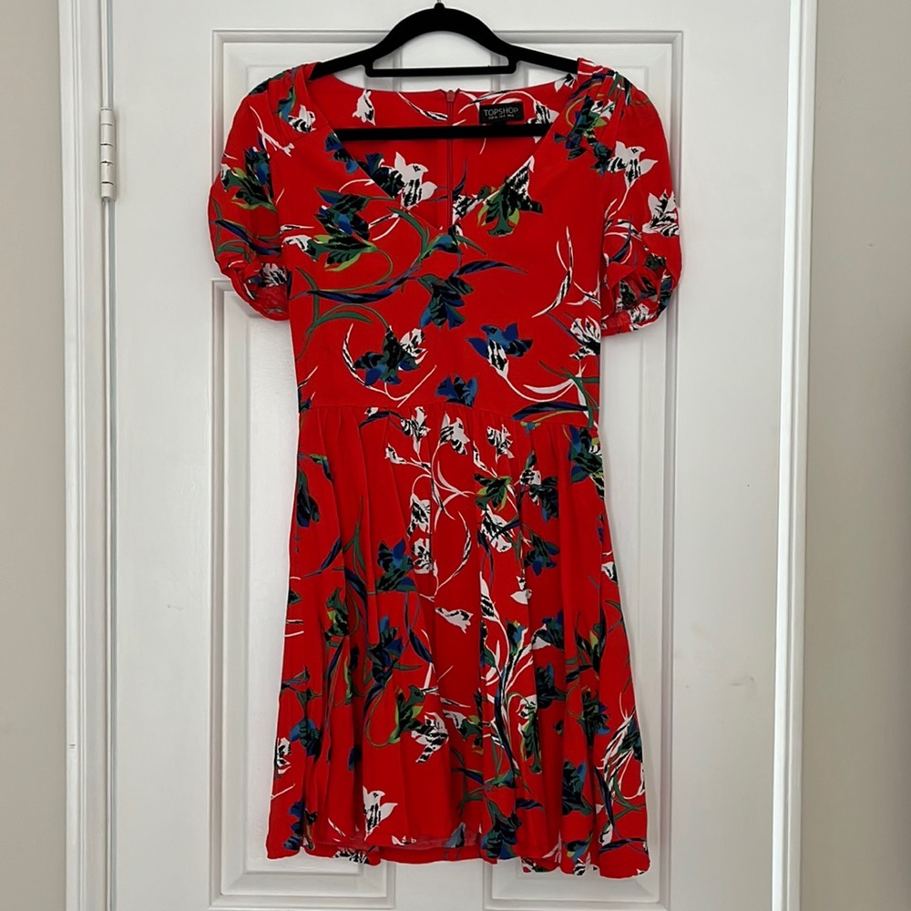 Topshop Red Floral Mini Dress, size US 4